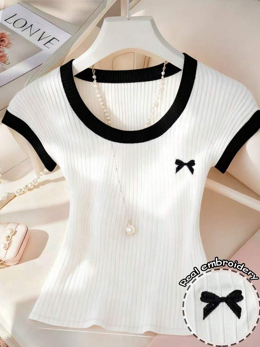 Resyla Women's Casual Contrast Trim Bow Embroidery Ribbed Knit Short Sleeve T-Shirt, Summer - Black and White - View 1