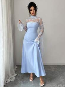 Elenzga 女士浅蓝色高端设计蕾丝拼接圆领收腰喇叭下摆长袖连衣裙，优雅精致，适合情人节、复活节、五一劳动节、生日、约会、派对、正式场合、教师节着装、潮流街头风、春夏穿着。 - 淺藍色 - 查看 4