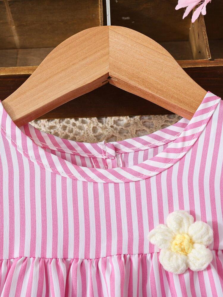 SHEIN Vestido casual y lindo para niña bebé con adorno de flor 3D, de rayas y flores coloridas, para primavera/verano - Rosa - Añade 7