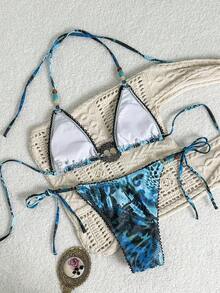 Swim SXY Conjunto de bikini de mujer con estampado de leopardo digital, floral, con cuentas y flecos, sexy y de alta gama, para primavera/verano/otoño - Multicolor - Ver 6