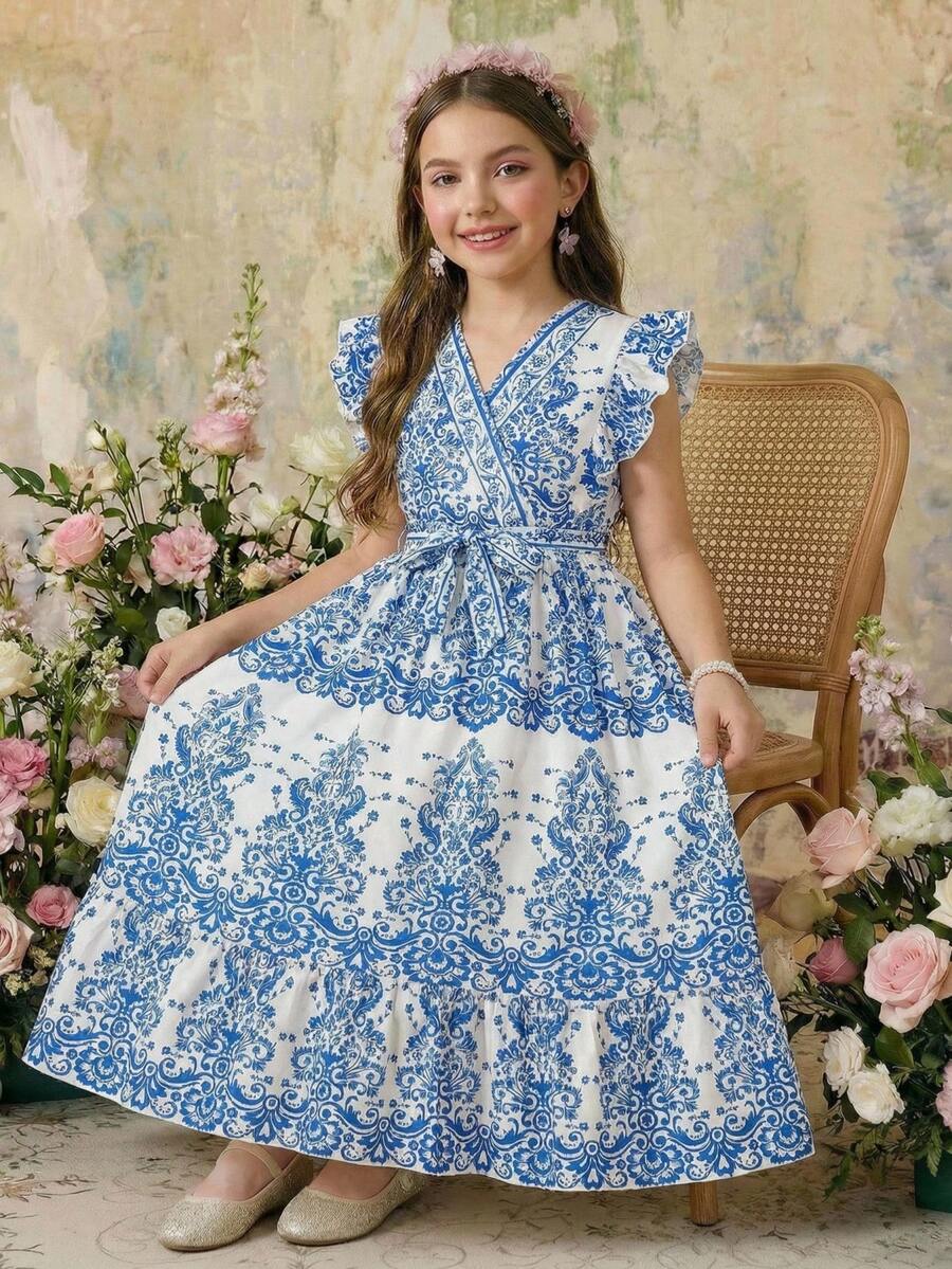 Vestido casual de verano con estampado todo sobre y volantes en el bajo para niñas preadolescentes - Azul - Ver 1