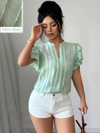 Elenzga New Spring/Summer Women's Solid Color Textured Jacquard Chiffon Blouse, Casual Silhouette, Elegant Daily Wear Puff Sleeve V-Neck Shirt Spring To Summer Sage Green Top Blouse Summer Light Green Top