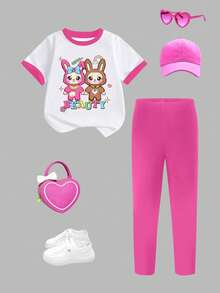 2件套女婴休闲时尚百搭可爱卡通印花短袖T恤和裤子套装，春夏款 - 彩色 - 查看 2