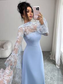 Elenzga 女士浅蓝色高端设计蕾丝拼接圆领收腰喇叭下摆长袖连衣裙，优雅精致，适合情人节、复活节、五一劳动节、生日、约会、派对、正式场合、教师节着装、潮流街头风、春夏穿着。 - 淺藍色 - 查看 3