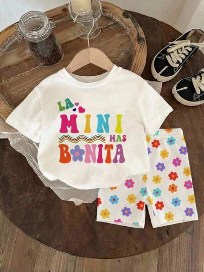 Baby Girl Casual Cute Sweet Graphic Text Print Short Sleeve Top And Floral Print Shorts Set, Girls Outfit, Suitable For Spring/Summer, Outings, Photography, Vacation, Holidays, Gifts