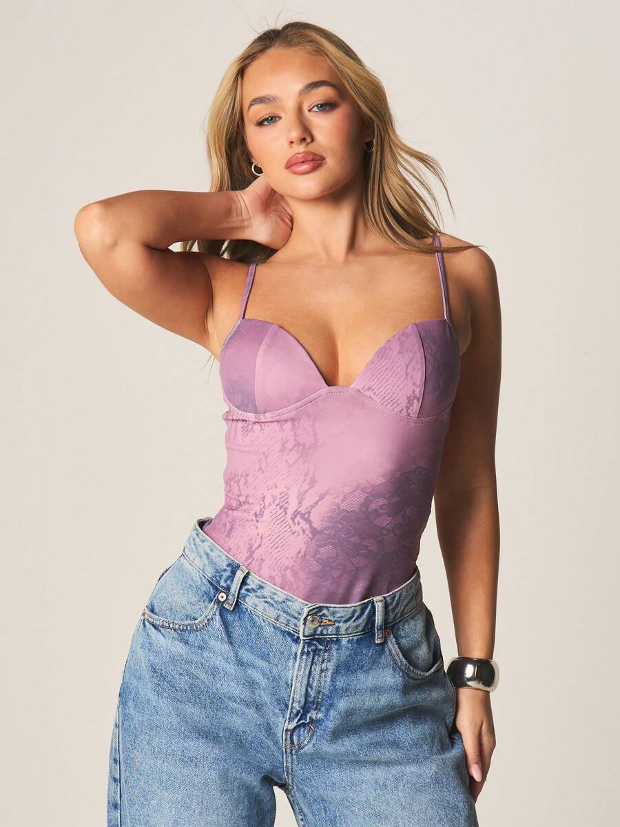 MISSGUIDED Snake Print Bustier Bodysuit With Adjustable Straps Lace Detail Sweetheart Neckline Form Fitting Top Spring Summer Fashion - Multicolor - View 1