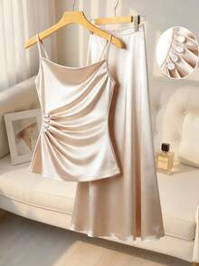 Franclia 两件套优雅职业装纯色缎面翻领衬衫和裙子 - 杏色 - 查看 1