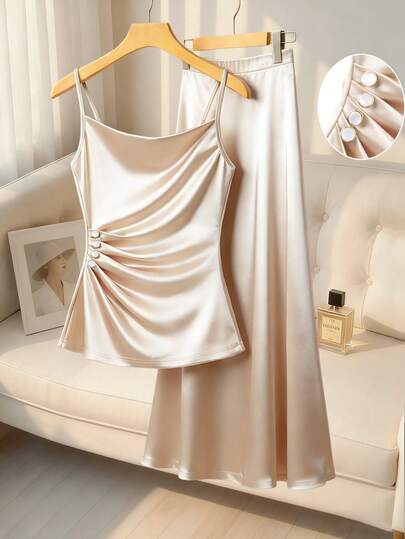 Franclia 2pcs Set Elegant Office Wear Solid Satin Lapel Blouse And Skirt