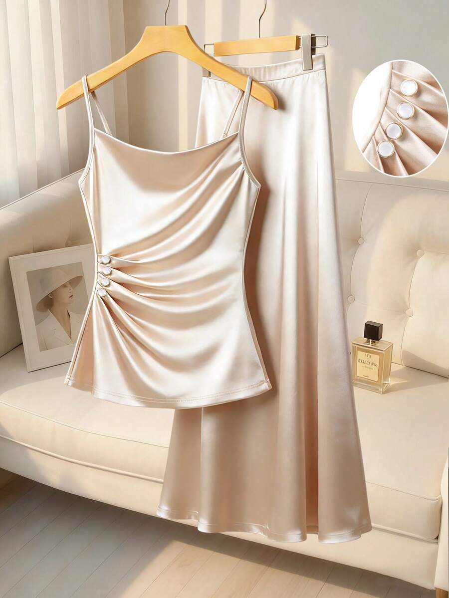 Franclia 两件套优雅职业装纯色缎面翻领衬衫和裙子 - 杏色 - 查看 1