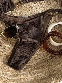 Swim Mod Women's Jacquard Fabric Beaded Halter Bikini Set, Spring/Summer - Brown - View 6