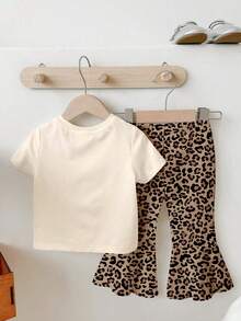 1 Set Niñas Bebé Lindo Oreja de Conejo y Estampado de Leopardo Cuello Redondo Manga Corta Camiseta y Pantalones Campana de Leopardo Conjunto Lindo, Ropa con Estampado de Conejo de Dibujos Animados, Primavera a Verano, Atuendos de Verano, Atuendo de Pascua - Multicolor - Ver 2