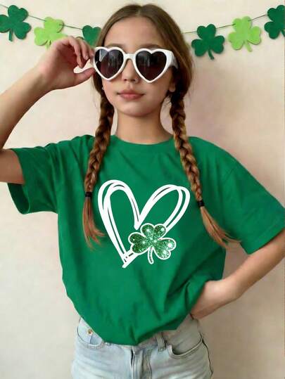 Tween Girl Green Round Neck Short Sleeve Heart & Clover Print T-Shirt, Young Girl Casual Comfortable Fashion Versatile Minimalist Graphic Tee, Suitable For Daily Wear, School, Outings, Holidays