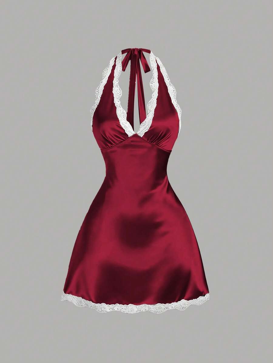 Sweetra Đầm hồng ôm dáng chữ A cổ chữ V viền ren gợi cảm dành cho nữ mùa xuân - Màu Hoa hồng đỏ - Xem 1