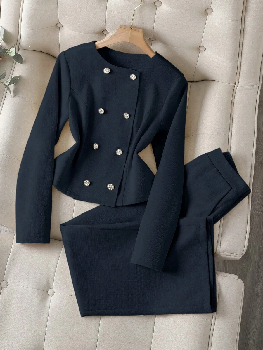Franclia Conjunto de dos piezas de unicolor elegante con cuello redondo y manga larga para damas - Azul Marino - Ver 1