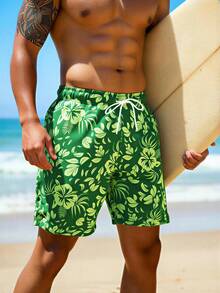 Zalmeno Men's Elastic Waist Drawstring Casual All-Over Print Loose Beach Pants - Army Green - View 4