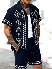 Manfinity RSRT Bộ áo sơ mi ngắn tay cài cúc phía trước in họa tiết hình học và quần short nam, trang phục mùa hè thường ngày cho nam, bộ đồ hai mảnh mùa hè cho nam, bộ đồ ngắn thường ngày cho nam, trang phục mùa hè châu Âu cho nam, bộ đồ hai mảnh từ xuân đến hè, trang phục nghỉ hè cho nam, trang phục đi chơi, bộ đồ hai mảnh quần short cho nam, trang phục mùa xuân đến hè. - Nhiều màu - Xem 6