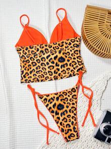 Swim SXY Bộ bikini hai mảnh họa tiết da báo ngẫu nhiên, cổ chữ V sâu, dây mảnh, buộc dây bên hông, gợi cảm dành cho nữ, thích hợp đi biển. - Nhiều màu - Xem 2