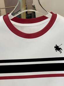 Resyla 女士夏季新款时尚百搭短袖T恤，饰有小马标志和撞色条纹 - 白色 - 查看 3