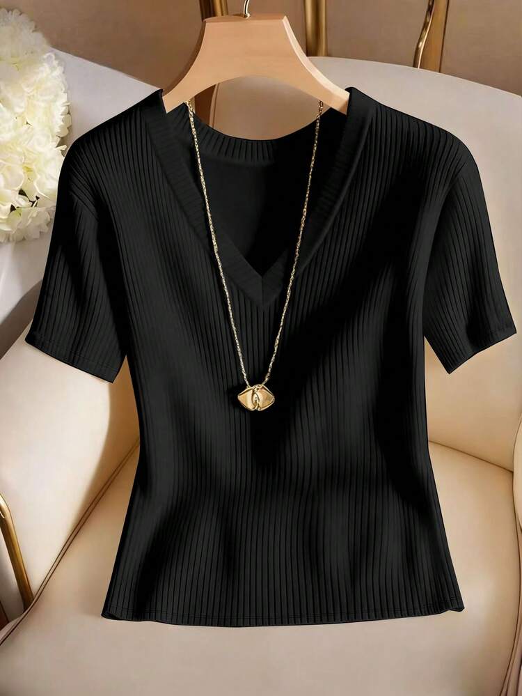 Franclia Camiseta de mujer de manga corta con cuello en V acanalado, elegante y casual - Negro - Añade 1