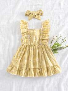 Vintaside Kids 女婴夏季黄色格子雏菊印花荷叶边吊带连衣裙，田园风格，清新图案，适合户外、度假、休闲和派对场合 - 黃色 - 查看 4