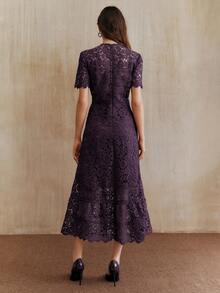 Anewsta 优雅蕾丝拼接紫色短袖花卉拼接连衣裙，适合情人节、婚礼宾客、狂欢节、春夏、新年、派对等场合，优雅女士连衣裙，别致时尚。 - 紫色 - 查看 7