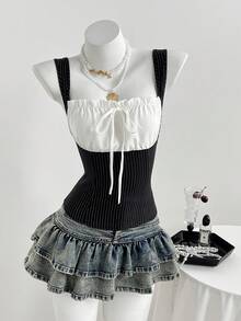 Elamini YK2 Women's Retro Sweet & Spicy Waist Cinched Patchwork Striped Shirred Camisole Top - Black - View 5