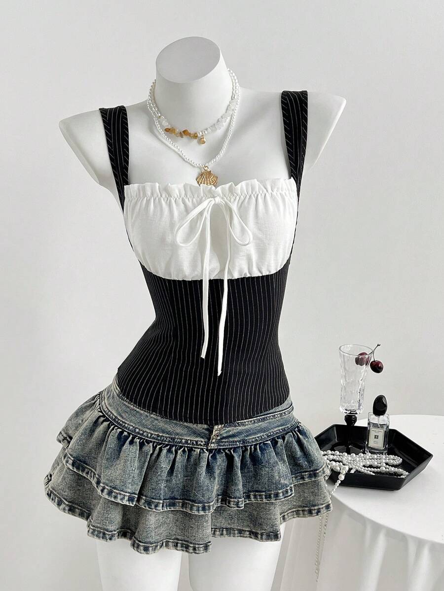 Elamini YK2 女士复古甜美性感收腰拼接条纹褶皱吊带背心 - 黑色 - 查看 1