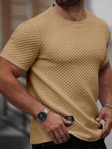 Manfinity Homme Men's Letter Graphic Round Neck Short Sleeve Casual Versatile T-Shirt,2026 New Arrival Men's Casual Tee | Khaki Waffle Knit | Crew Neck | Relaxed Fit | Streetwear & Daily - Khaki - View 4