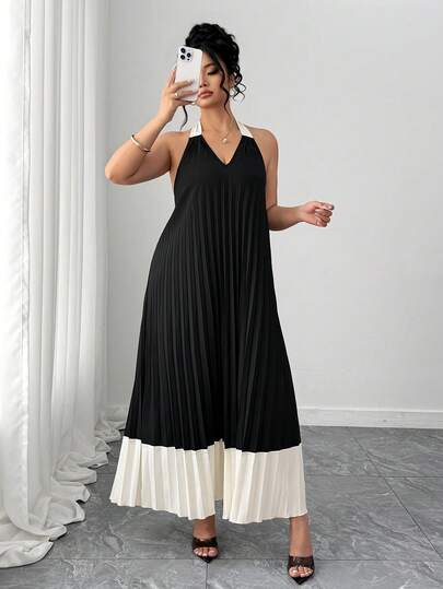 Elenzga Vestido de verano elegante y sexy de estilo vacacional para mujer de talla grande con contraste de color, plisado y espalda descubierta