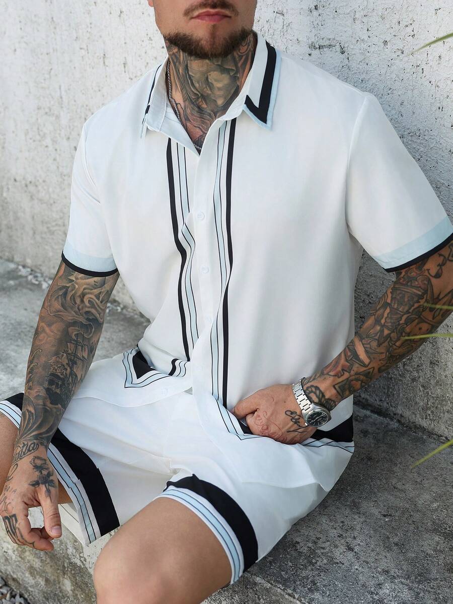 Manfinity CasualCool 男士撞色 Polo 领单排扣短袖衬衫上衣和短裤休闲日常穿搭 - 彩色 - 查看 1