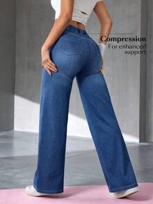 Flexra 女士直筒弹力腰休闲口袋牛仔裤，适合日常穿着 - 深色水洗藍 - 查看 2