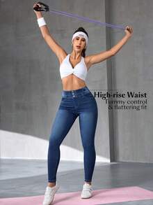 Flexra 女士高腰紧身牛仔裤 - 深色水洗藍 - 查看 6