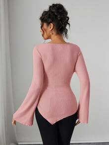 SHEIN Áo thun bầu cổ cao tay chuông vạt lệch bất đối xứng có dây rút, trang phục thu đông dành cho nữ. - Hồng - Xem 2