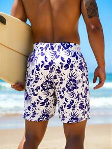 Manfinity KASUA Men's Floral Print Drawstring Waist Pocket Beach Shorts - Royal Blue - View 2