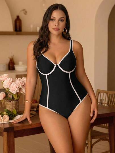 Swim Chiccia 大码夏季度假沙滩极简撞色滚边露背连体泳衣