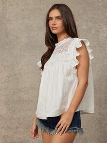 WESTFADE 女士肩部荷叶边亚麻上衣 - 白色 - 查看 3