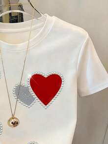 Resyla Camiseta de mujer de manga corta y cuello redondo casual de 56% algodón con estampado de corazón y decoración de rhinestones, regalo para amigos - Blanco - Ver 3