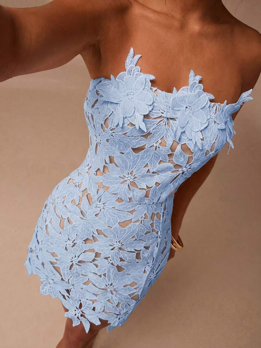 Glamine Đầm ngắn cúp ngực màu xanh dương, chất liệu tan trong nước, đính hoa 3D trên ngực, một chiếc đầm dự tiệc thanh lịch. - Màu xanh nhạt - Xem 1
