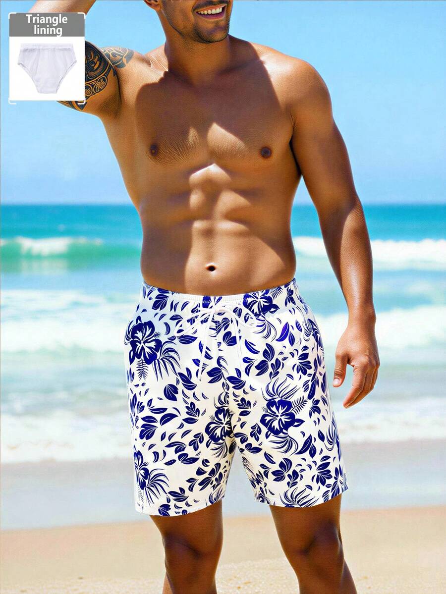 Manfinity KASUA Men's Floral Print Drawstring Waist Pocket Beach Shorts - Royal Blue - View 1