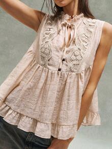 Bohemela Women's Casual Woven Contrast Lace Ruffle Hem Loose Tank Top - Beige - View 5
