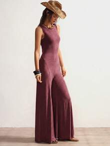 Bohemela Solid Color Knit Backless Sleeveless Wide Leg Jumpsuit For Women - Burgundy - View 5