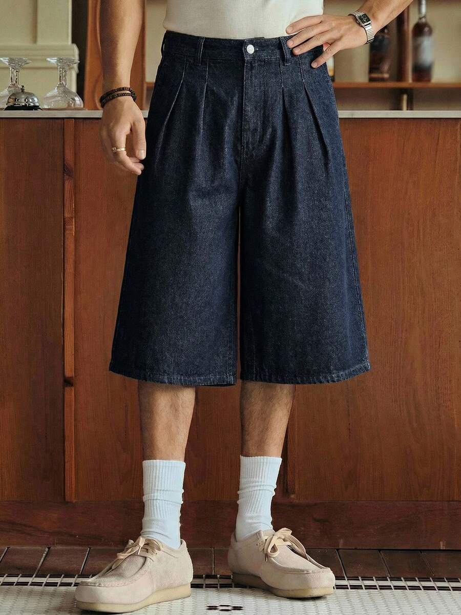 SWAVVY Quần short denim nam màu trơn, xếp ly, có đai lưng, dáng rộng, ống thẳng. - Màu xanh lam - Xem 1