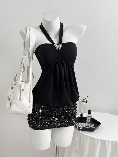 Elamini Women's Butterfly Decor Strapless Bodycon Dress, Casual