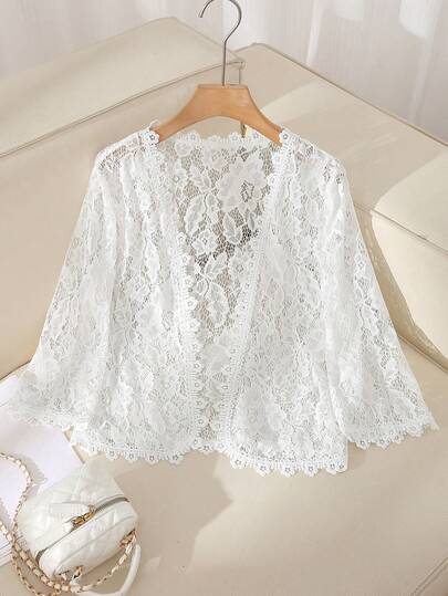GlowEve Women's Solid Color Sheer Elegant Short Lace Patchwork Thin Jacket