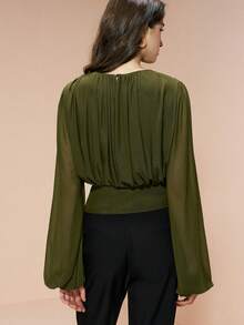 Arave Women's Knitted Mesh Fabric, Wide Round Neck, Straight Shoulders, Long Sleeves, Fitted Waist With Pleats, Casual Everyday Cropped Top Valentine Outfits For Women Valentine's Day - Army Green - View 4