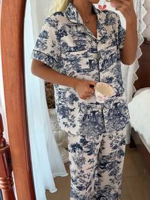 CottageSlumber 撞色滚边花卉风景印花翻领短袖睡衣套装（女士） - 彩色 - 查看 7