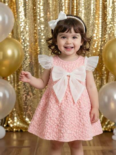 SHEIN Baby Girls Pink Jacquard Fabric Bow Decor A-Line Ruffle Trim Flutter Sleeve Cute Sweet Casual Dress, Suitable For Daily, Vacation, Party, Commute, Elegant &