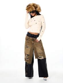 SUMWON WOMEN Long Sleeve Polka Dot Crop Top With Tie Detail And Ruching For Fall Winter Layering - Apricot - View 3