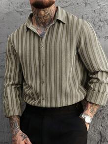 Manfinity CasualCool 男士復古棕色與白色條紋休閒長袖襯衫，秋季條紋男士長袖翻領襯衫，適合春季，橄欖綠鼠尾草色，正式款 - 軍綠色 - 查看 7