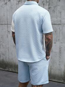 Manfinity Homme 男士撞色 Polo 领单排扣短袖衬衫上衣和短裤休闲日常穿搭 - 彩色 - 查看 2